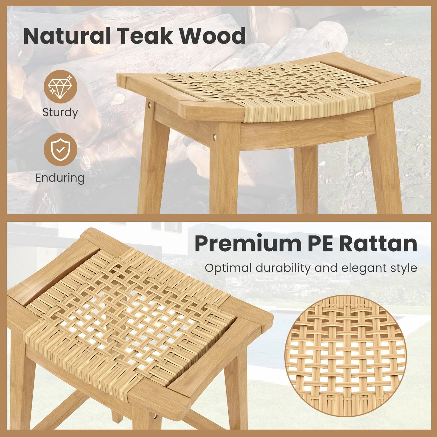 Tangkula Teak Wood Bar Stool, 29” Patio Rattan Barstool with Footrest & Saddle Seat - JV11905