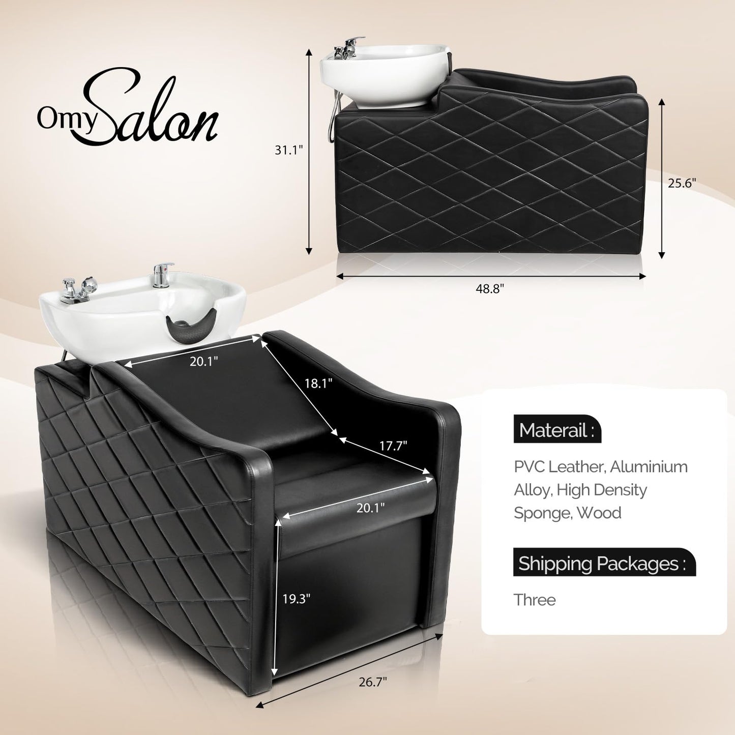 OmySalon BU1701 Salon Shampoo Bowl and Chair Backwash Unit with Large Ceramic Bowl & Freestanding Ottoman - G59000771