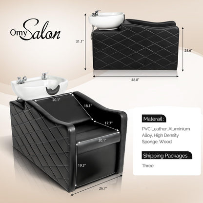 OmySalon BU1701 Salon Shampoo Bowl and Chair Backwash Unit with Large Ceramic Bowl & Freestanding Ottoman - G59000771