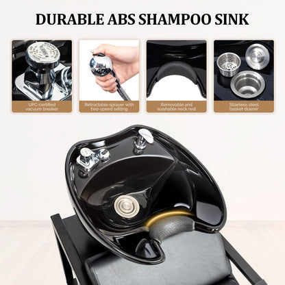 OmySalon BU2201 Salon Shampoo Backwash Chair Unit with Tilting Ceramic Bowl & Storage Shelf - G59000917