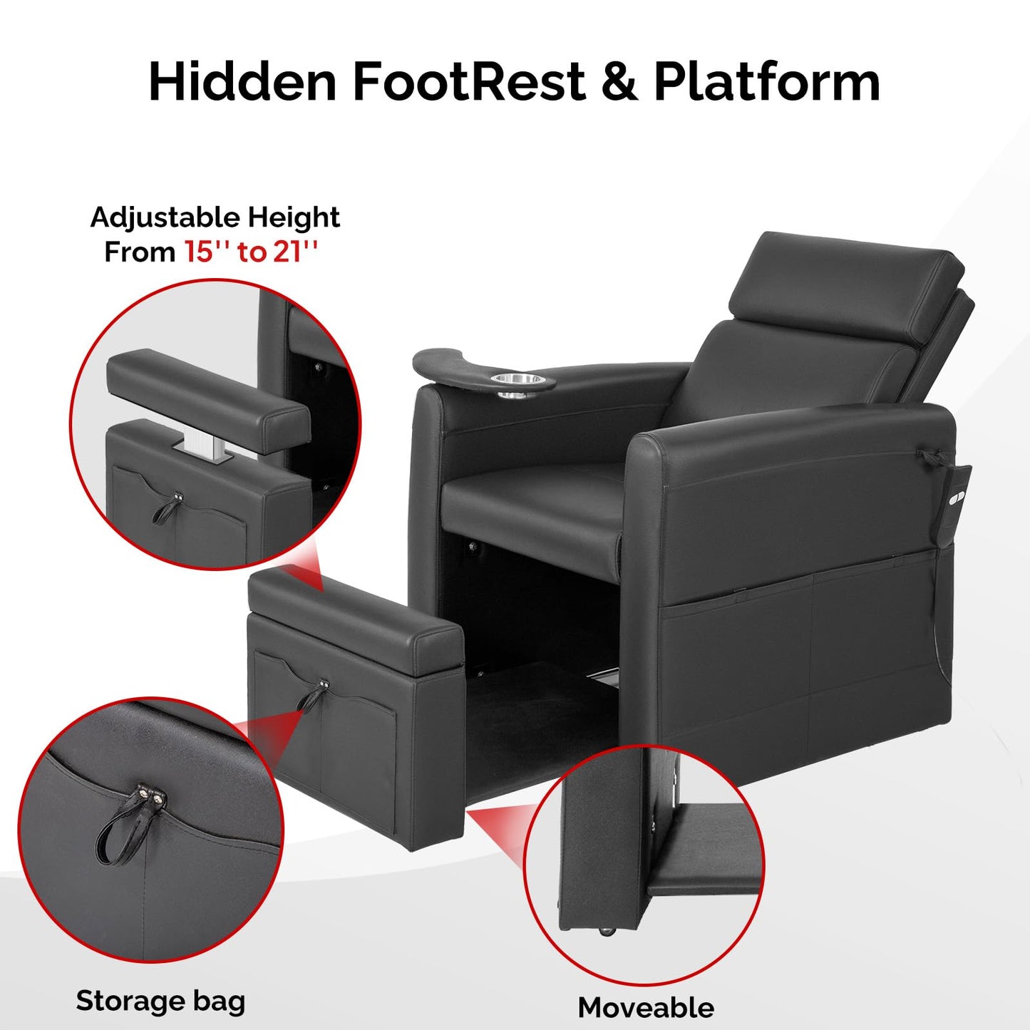 OmySalon PCE-WR Professional Full-Floor Support Electric Pedicure Chair with Adjustable Backrest & Hidden Storage Platfo - G59000797