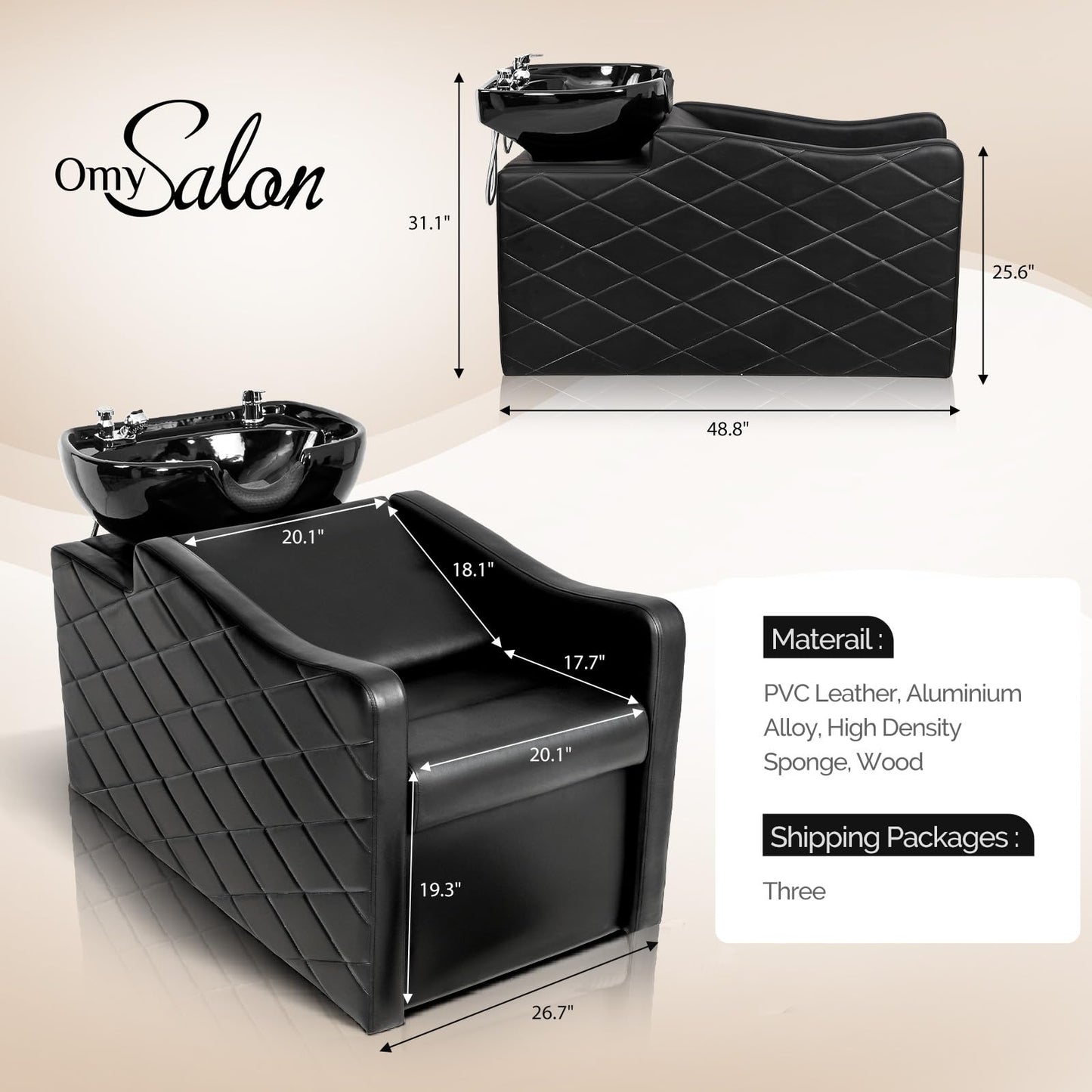OmySalon BU1701 Salon Shampoo Bowl and Chair Backwash Unit with Large Ceramic Bowl & Freestanding Ottoman - G59000771