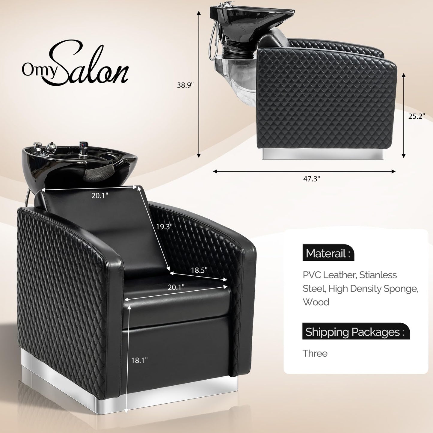 OmySalon BU1901 Salon Shampoo Bowl and Chair Backwash Unit with Large Ceramic Sink & Stainless Steel Base - G59000780