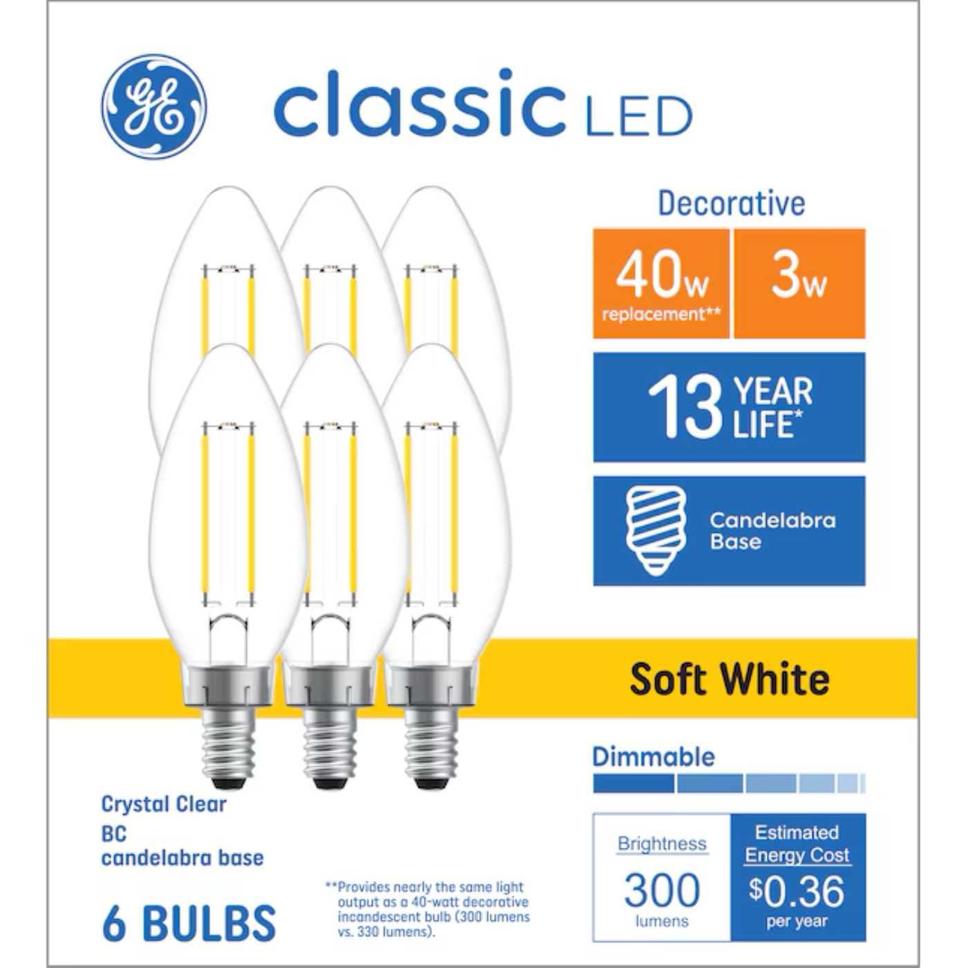 GE Classic 40-Watt EQ B10 Soft White Candelabra Base (e-12) Dimmable LED Light Bulb - 71223175