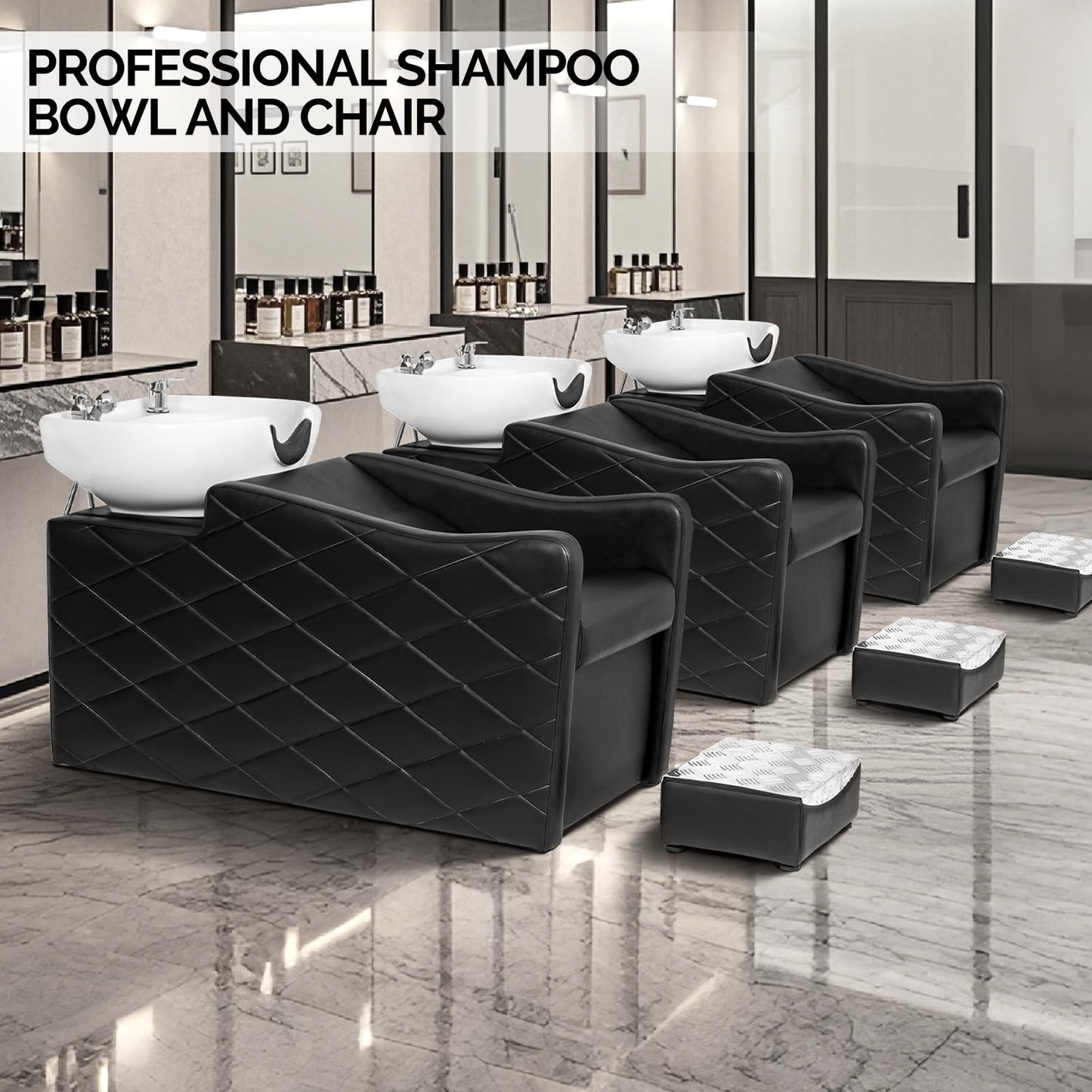 OmySalon BU1701 Salon Shampoo Bowl and Chair Backwash Unit with Large Ceramic Bowl & Freestanding Ottoman - G59000771