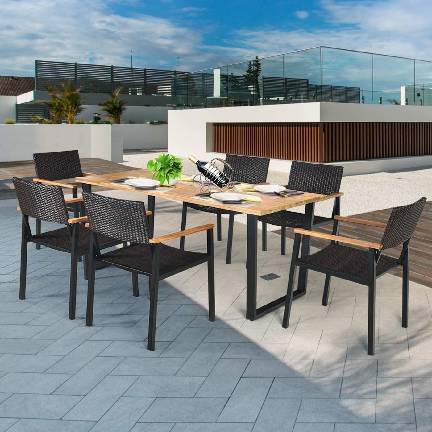 Tangkula 7 Pieces Outdoor Patio Dining Set, Patiojoy Outdoor Conversation Set - HW65219A+