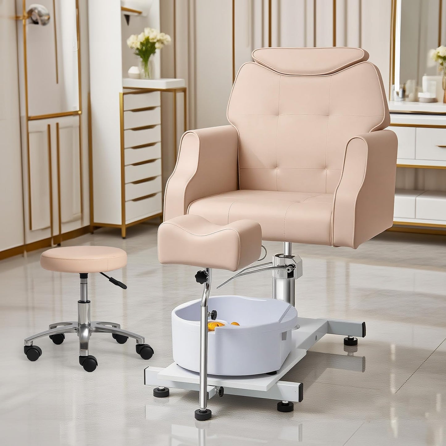 OmySalon PCM-WB 360° Rotation Hydraulic Pedicure Chair with Bubble Massage Foot Bath & Rolling Stool - G59000795