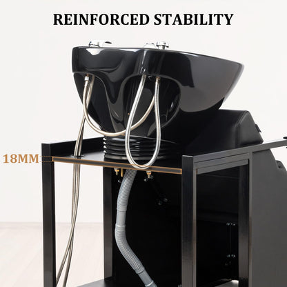 OmySalon BU2201 Salon Shampoo Backwash Chair Unit with Tilting Ceramic Bowl & Storage Shelf - G59000917