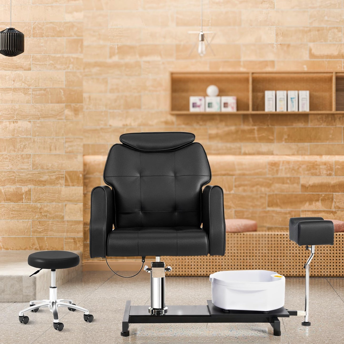 OmySalon PCM-WB 360° Rotation Hydraulic Pedicure Chair with Bubble Massage Foot Bath & Rolling Stool - G59000795