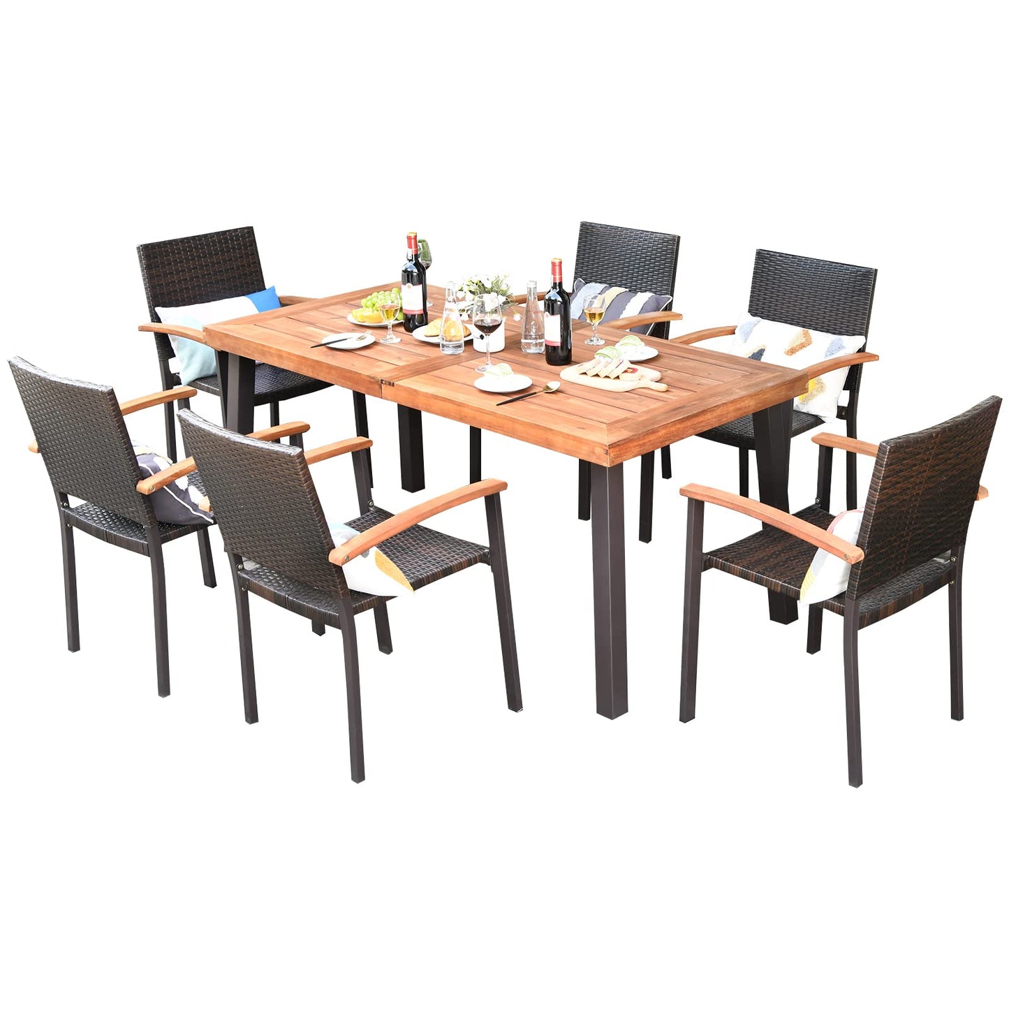 Tangkula 7-Piece Wicker Patio Dining Set, Patiojoy Outdoor Rattan Garden Yard Furniture Set - HW66354+OP70689+OP70690