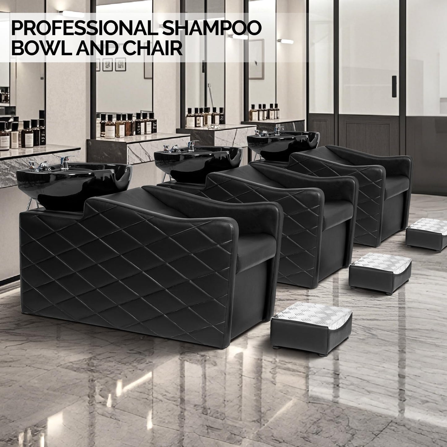 OmySalon BU1701 Salon Shampoo Bowl and Chair Backwash Unit with Large Ceramic Bowl & Freestanding Ottoman - G59000771