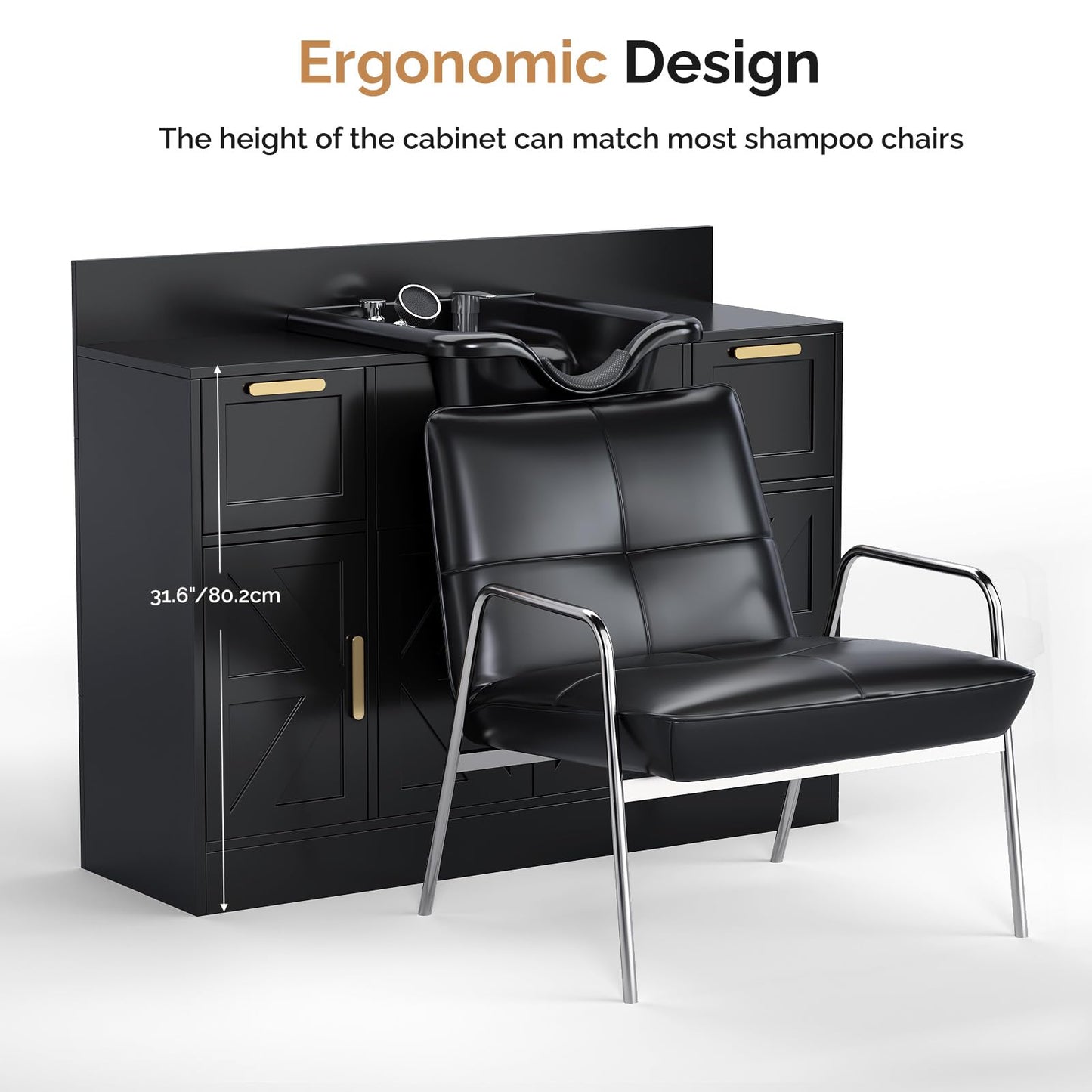 Omysalon SCWSB Freestanding Salon Wet Cabinet Station with Storage Drawers, Shampoo Bowl & Geometric Finish - G59001080
