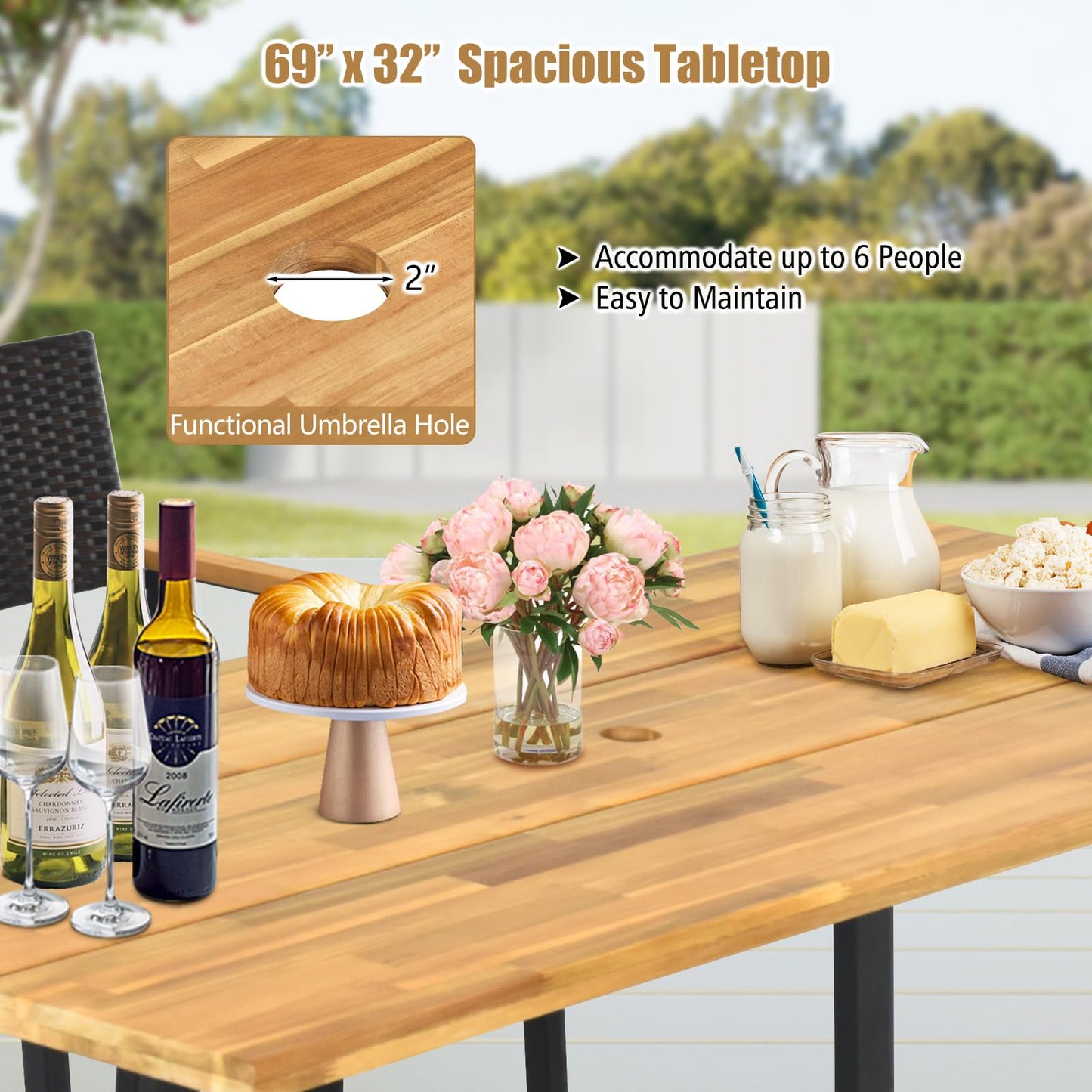 Tangkula Outdoor Wicker Chair & Dining Table Set, Acacia Wood Tabletop & Armrests, 2” Umbrella Hole - HW70833-4+HW70840