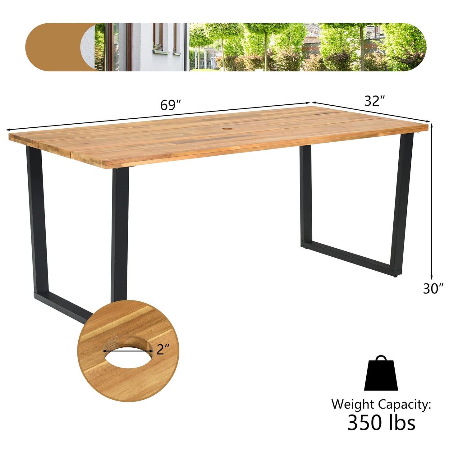 Tangkula Outdoor Wicker Chair & Dining Table Set, Acacia Wood Tabletop & Armrests, 2” Umbrella Hole - HW70833-4+HW70840