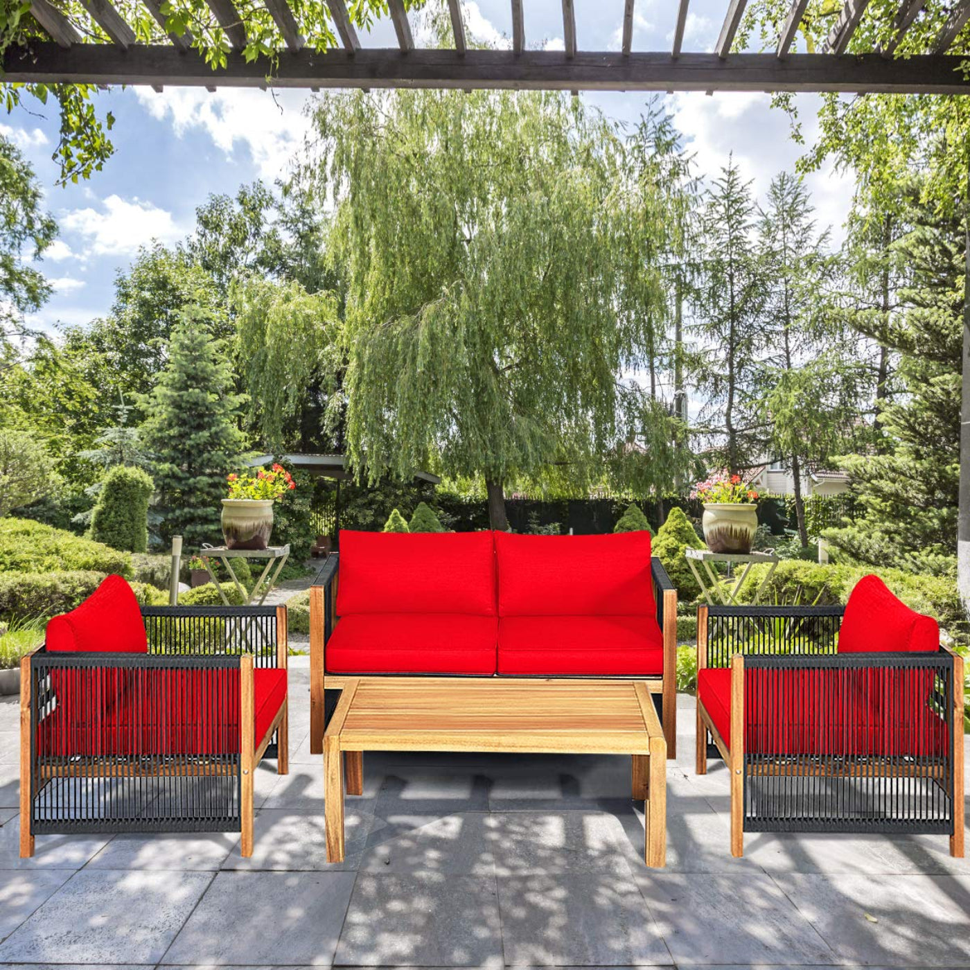 Tangkula Outdoor Wood Furniture Set, Acacia Wood Frame Loveseat Sofa, 2 Single Chairs and Coffee Table - HW63868RE