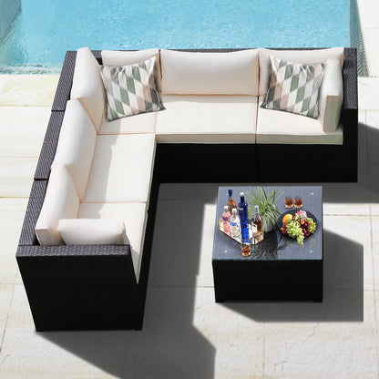 Tangkula 6 Pieces Patio Furniture Set, Outdoor Rattan Sofa Set, Wicker Conversation Set - HW68449WH+