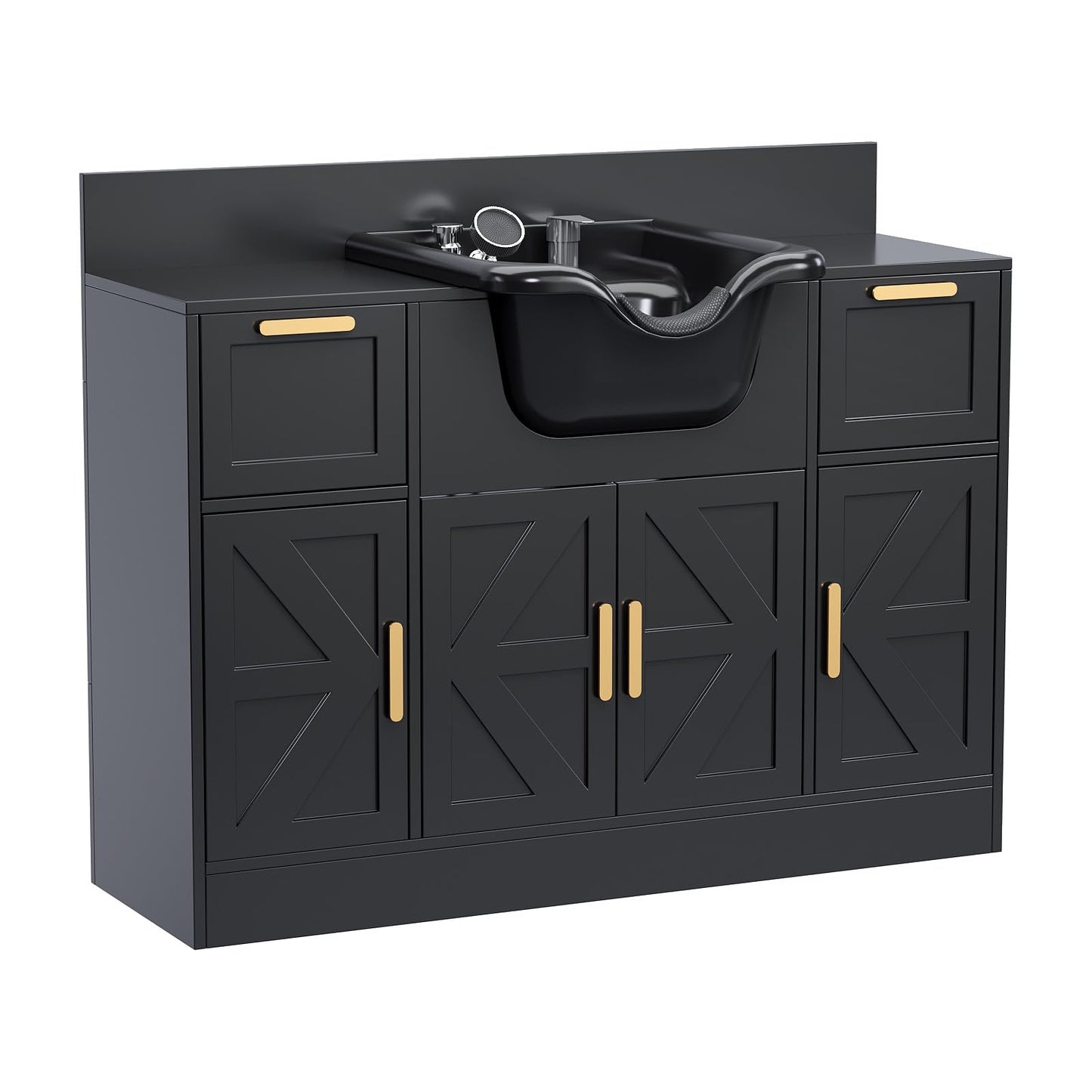 Omysalon SCWSB Freestanding Salon Wet Cabinet Station with Storage Drawers, Shampoo Bowl & Geometric Finish - G59001080