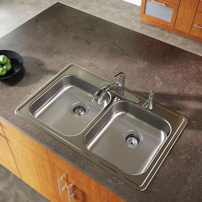 Dayton Stainless Steel 33" x 21-1/4" x 5-3/8" 4-Hole Equal Double Bowl Drop-in Sink