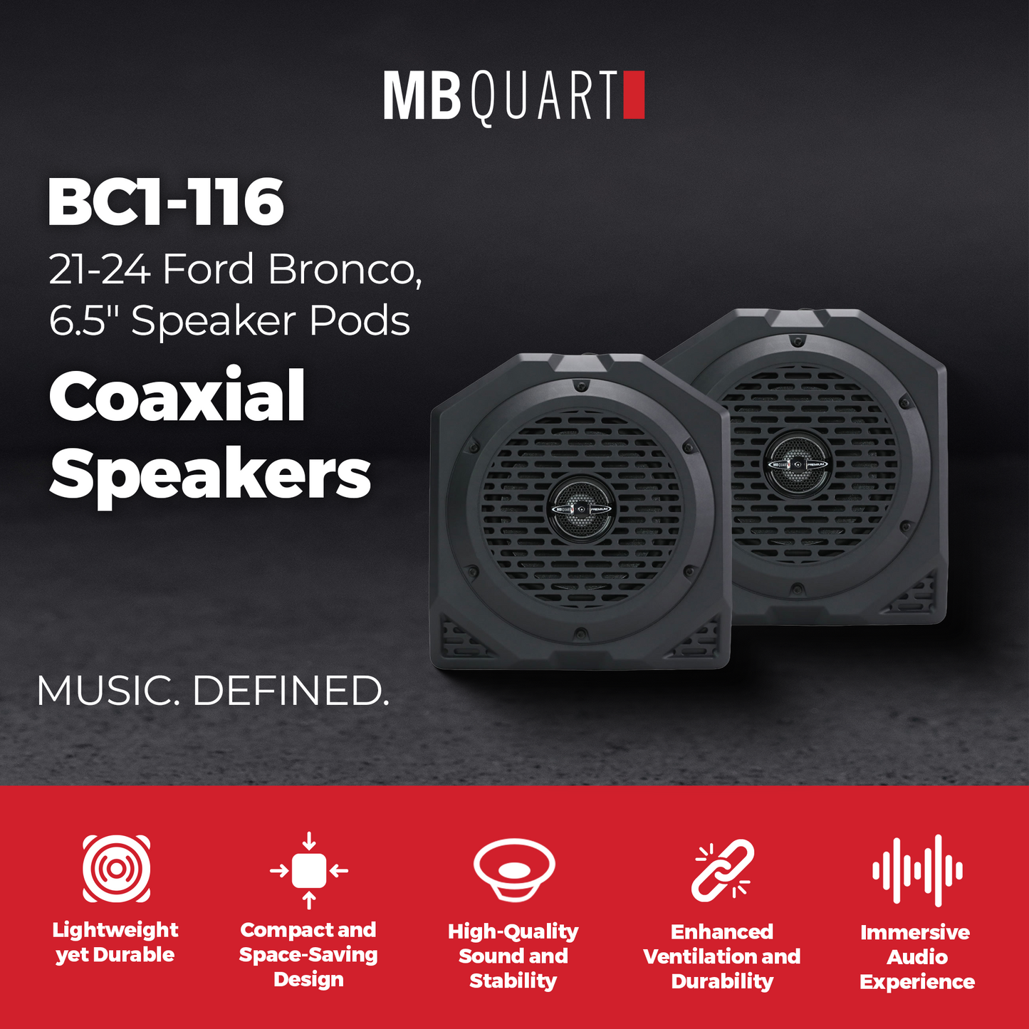 MB Quart Rear Coaxial Speakers Upgrade for 21-24 Ford Bronco, 6.5" Speaker Pods - 427498