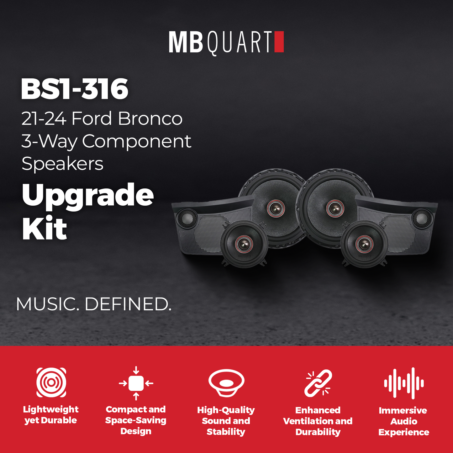 MB Quart Front Dash 3-Way Component Speakers Upgrade Kit for 21-24 Ford Bronco - 427499