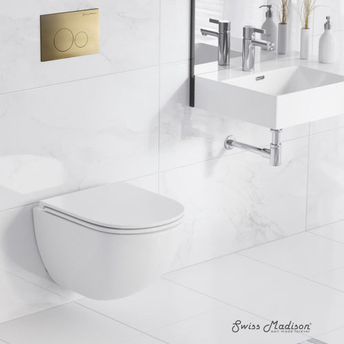 Swiss Madison St. Tropez Wall-Hung Toilet Bundle 0.8/1.6 GPF Dual Flush in Glossy White with Brass Flush Plate - SM-WT0801GW