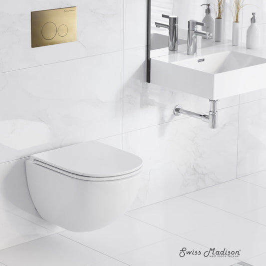 Swiss Madison St. Tropez Wall-Hung Toilet Bundle 0.8/1.6 GPF Dual Flush in Glossy White with Brass Flush Plate - SM-WT0801GW