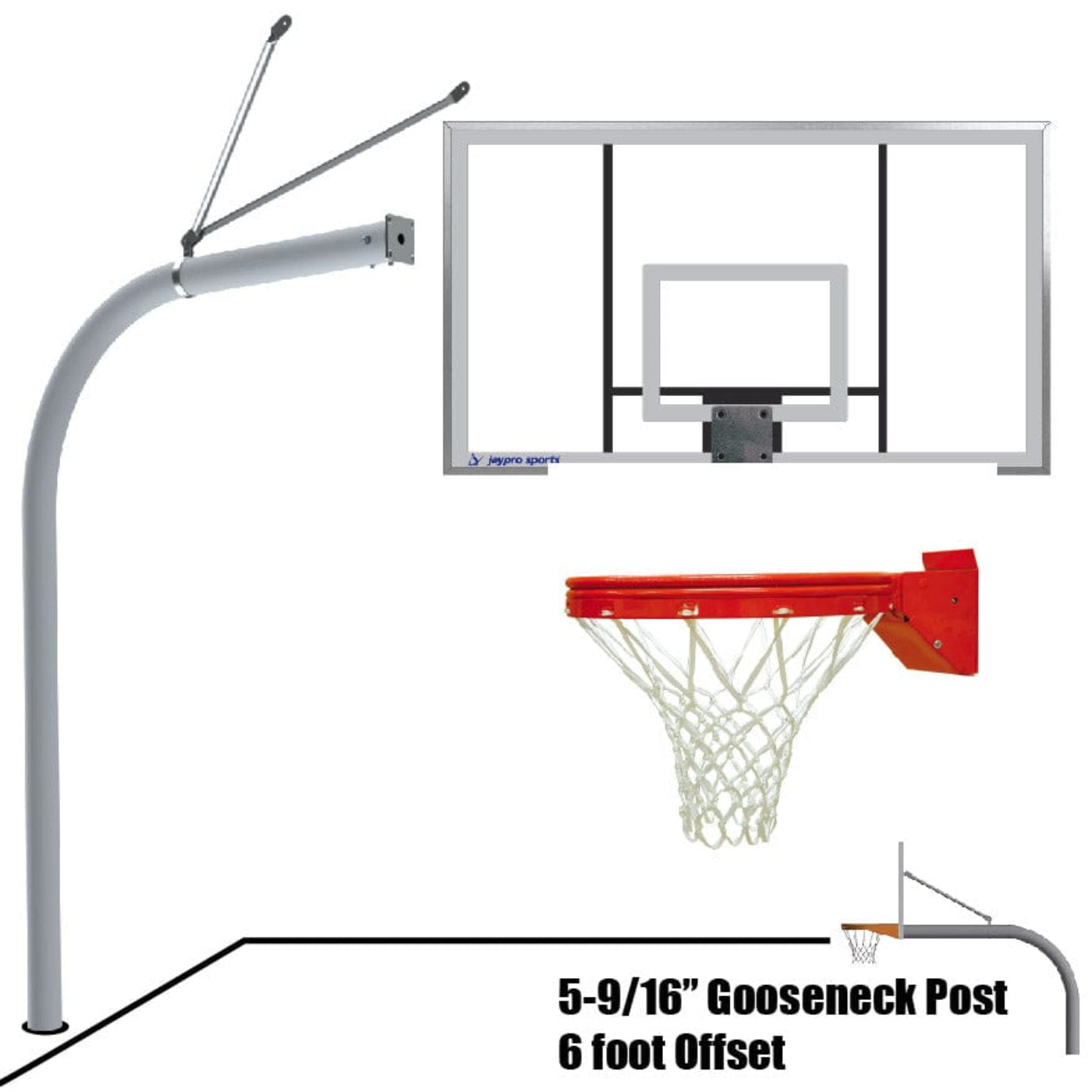 Jaypro Straight Post Basketball System (5-9/16" Pole with 6' Offset) 72"W x 42"H Acrylic Backboard - SPA6-AC-SG