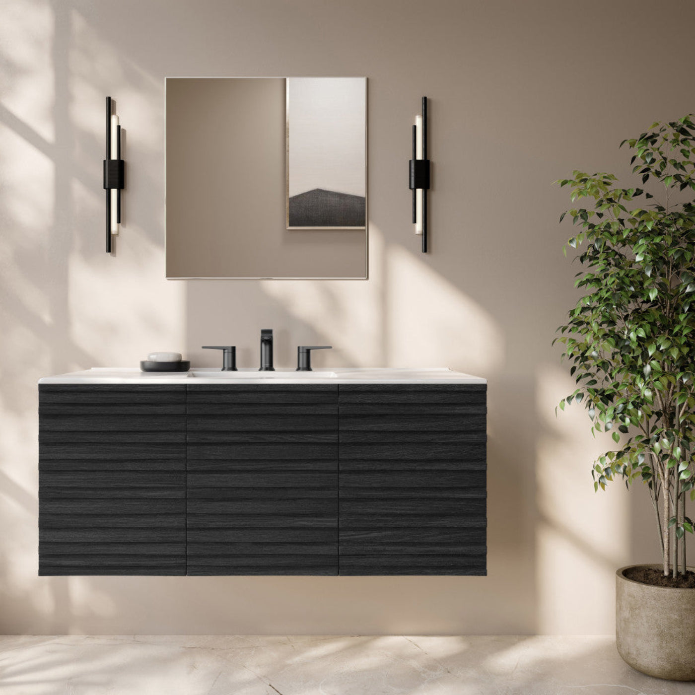 Swiss Madison Cascade 48" Wall-Mounted Bathroom Vanity in Black Oak with 3-Hole Widespread Sink Top - SM-BV8619AO