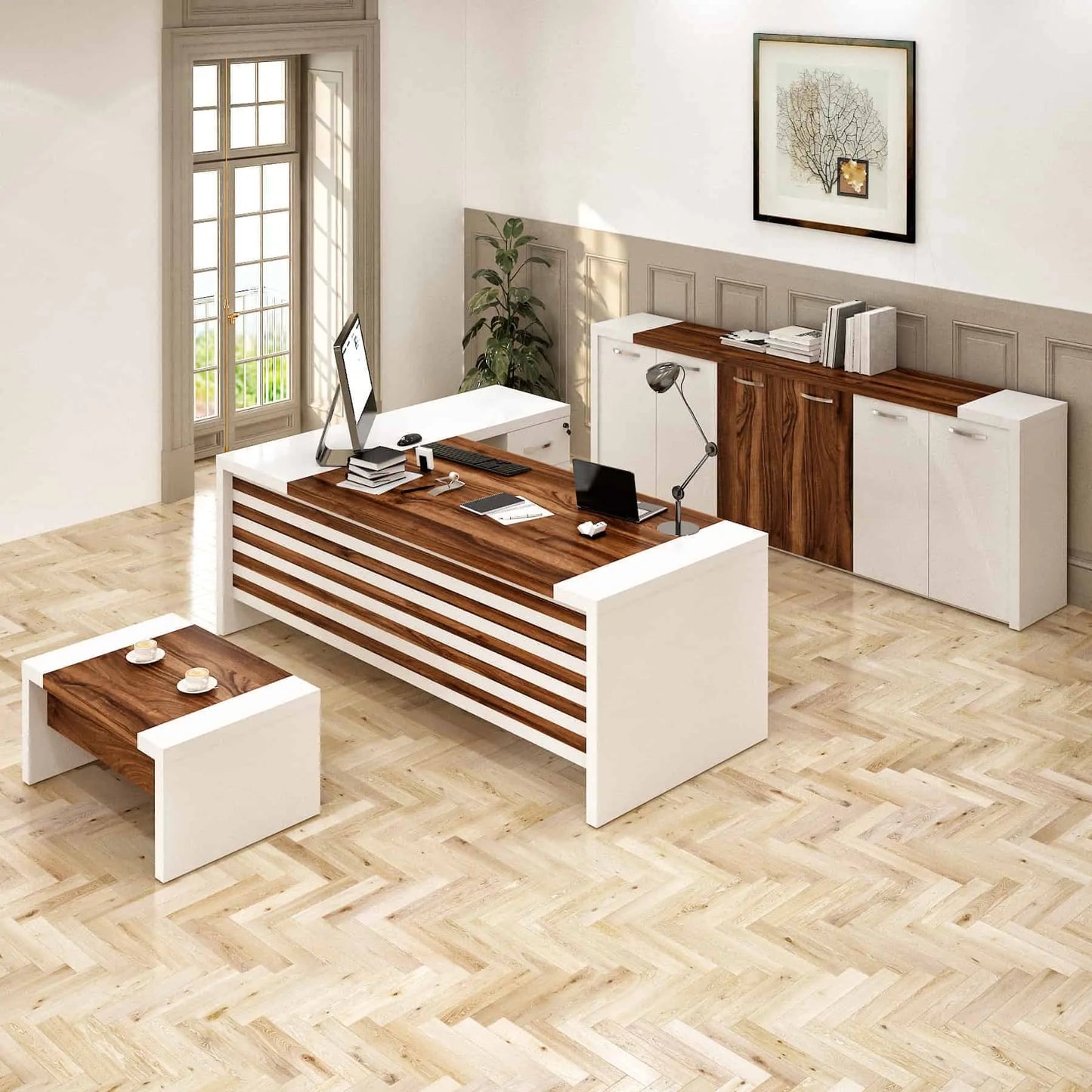 Casa Mare LEON 87″ Modern L-Shaped Home & Office Furniture Desk White & Brown - LEON-87WB-S