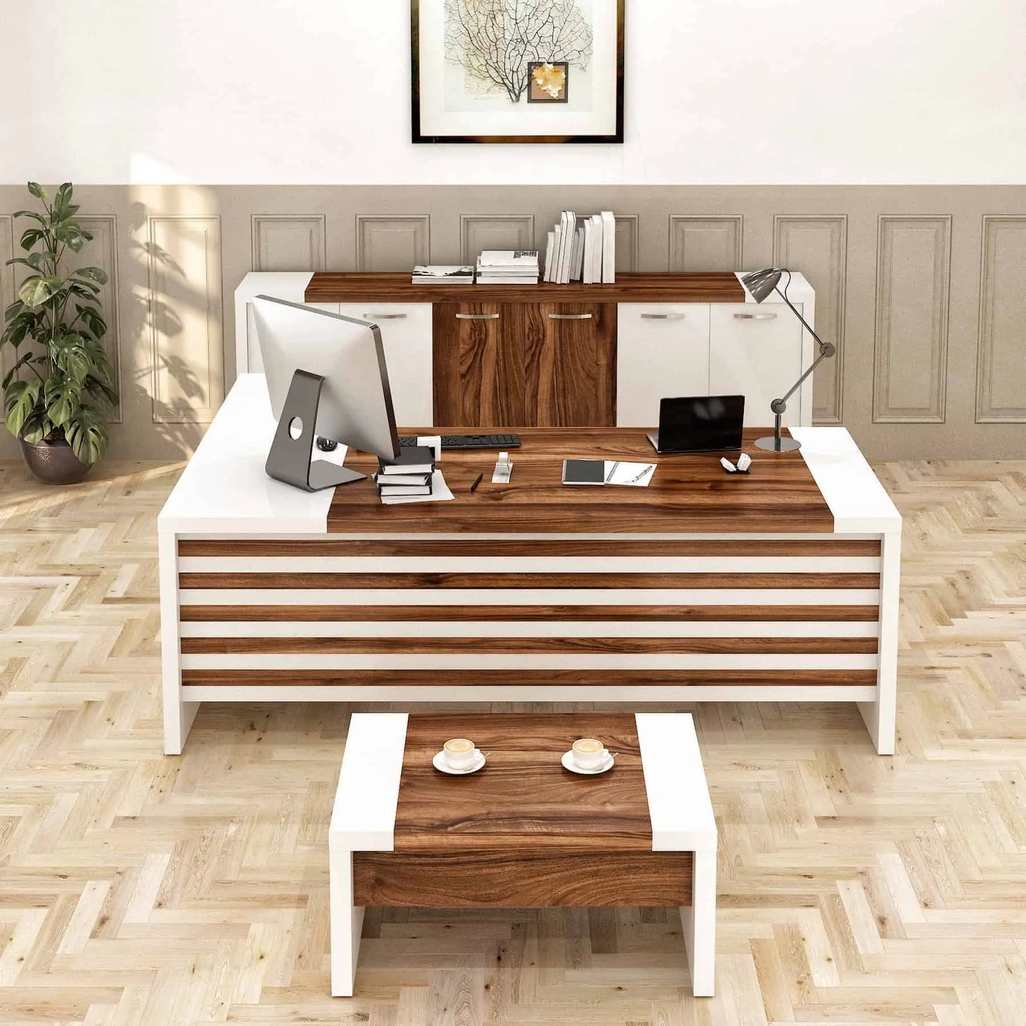 Casa Mare LEON 87″ Modern L-Shaped Home & Office Furniture Desk White & Brown - LEON-87WB-S