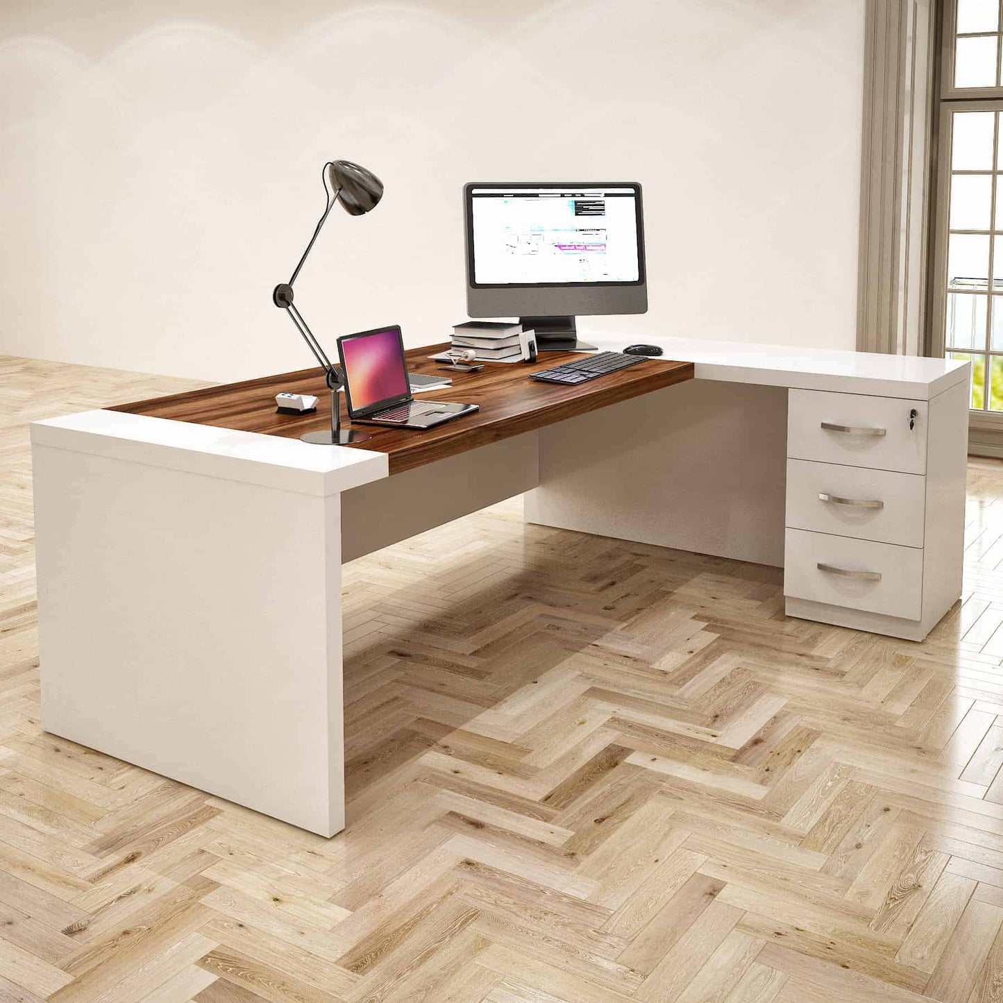 Casa Mare LEON 87″ Modern L-Shaped Home & Office Furniture Desk White & Brown - LEON-87WB-S