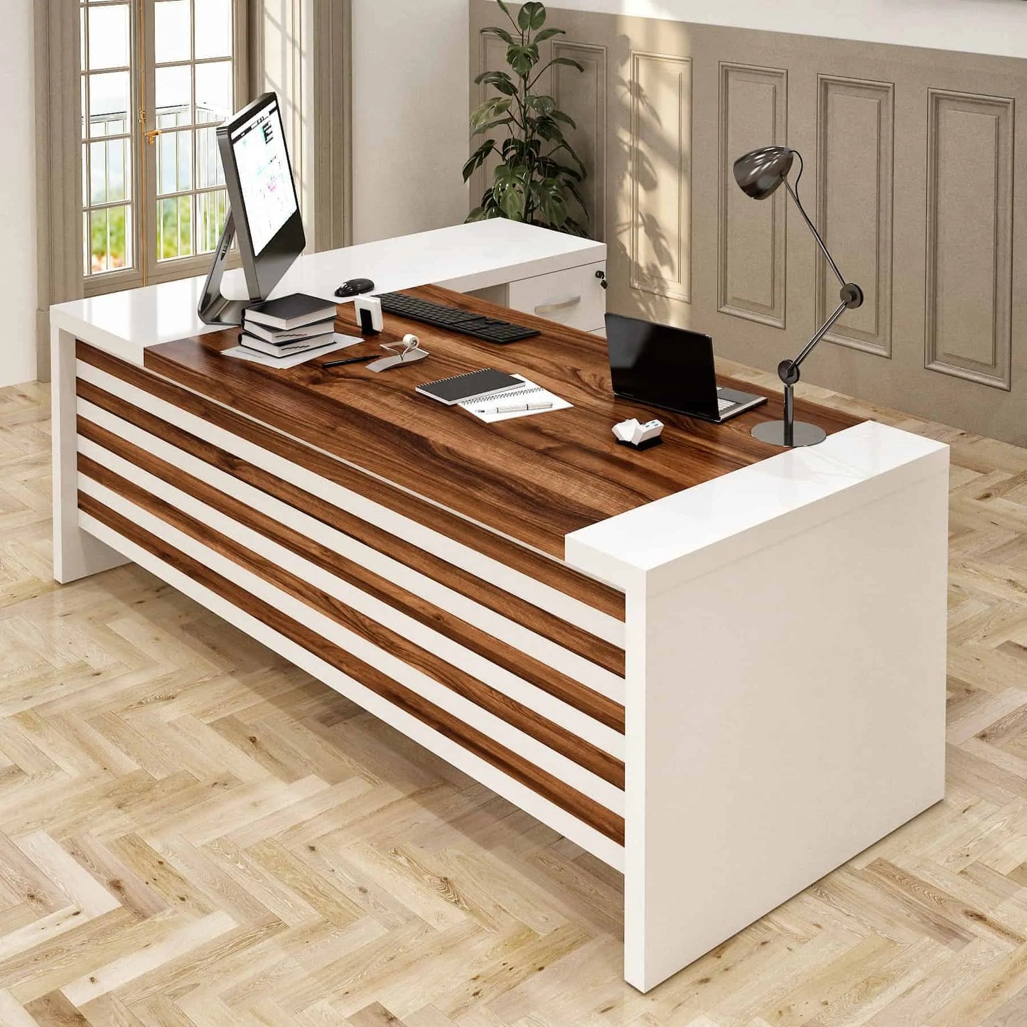Casa Mare LEON 87″ Modern L-Shaped Home & Office Furniture Desk White & Brown - LEON-87WB-S