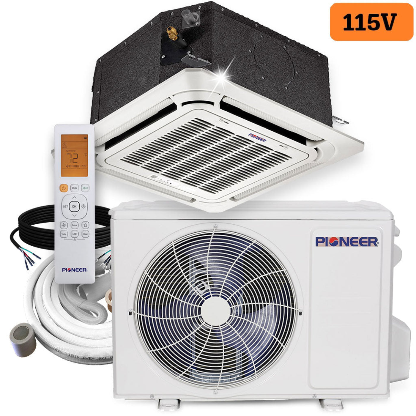 Pioneer 12,000 BTU 21.5 SEER 115V SEER 8-Way Compact Cassette Mini-Split Air Conditioner Heat Pump System Full Set - CYB012AMFILCAD-10
