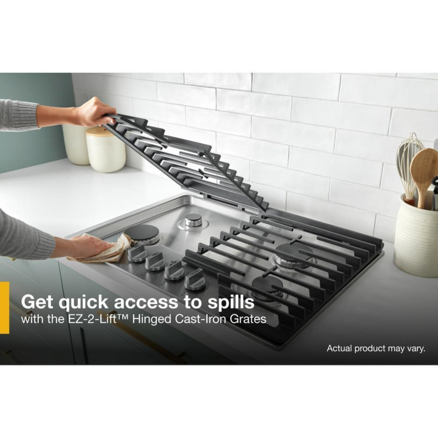 WHIRLPOOL 36-inch Gas Cooktop with EZ-2-Lift Hinged Cast-Iron Grates Black in Stainless Steel - WCGK5036PV