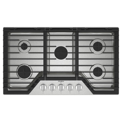 WHIRLPOOL 36-inch Gas Cooktop with 5 Burners and EZ-2-Lif Hinged Cast-Iron Grates in Stainless Steel - WCGK5036PS