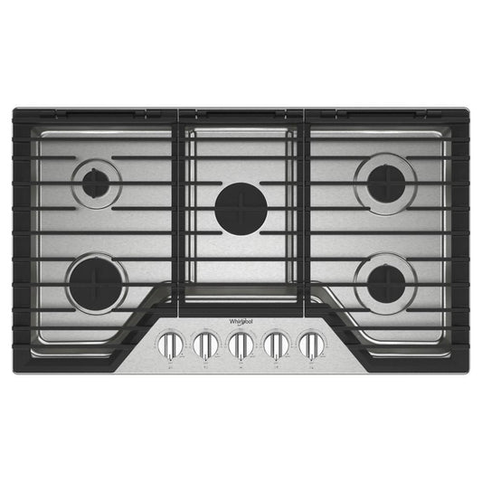 WHIRLPOOL 36-inch Gas Cooktop with 5 Burners and EZ-2-Lif Hinged Cast-Iron Grates in Stainless Steel - WCGK5036PS