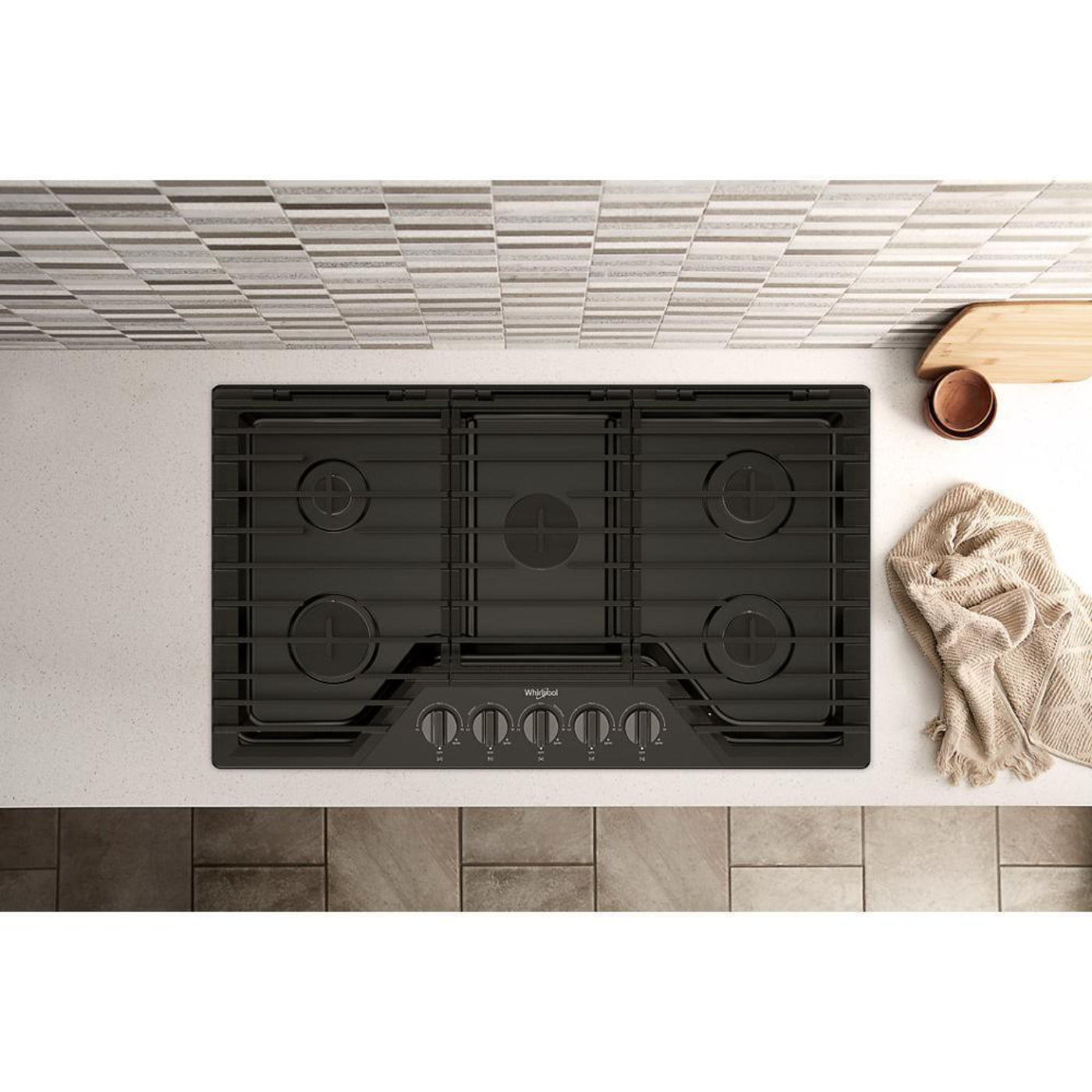 WHIRLPOOL 36-inch Gas Cooktop with EZ-2-Lift Hinged Cast-Iron Grates Black in Stainless Steel - WCGK5036PV