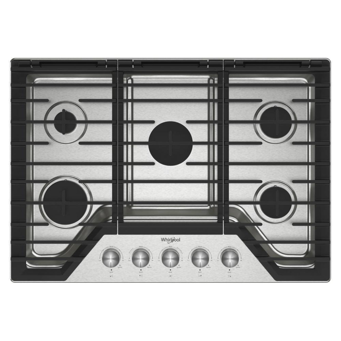 WHIRLPOOL 30-inch Gas Cooktop with 5 Burners and EZ-2-Lift Hinged Cast-Iron Grates in Stainless Steel - WCGK7030PS