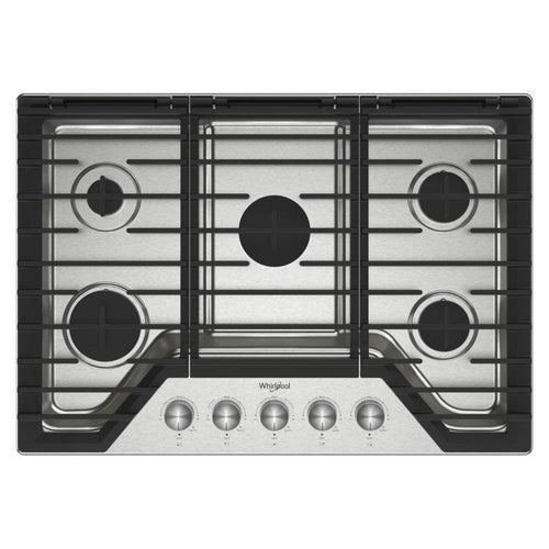 WHIRLPOOL 30-inch Gas Cooktop with 5 Burners and EZ-2-Lift Hinged Cast-Iron Grates in Stainless Steel - WCGK7030PS