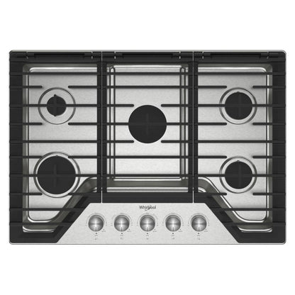 WHIRLPOOL 30-inch Gas Cooktop with 5 Burners and EZ-2-Lift Hinged Cast-Iron Grates in Stainless Steel - WCGK7030PS