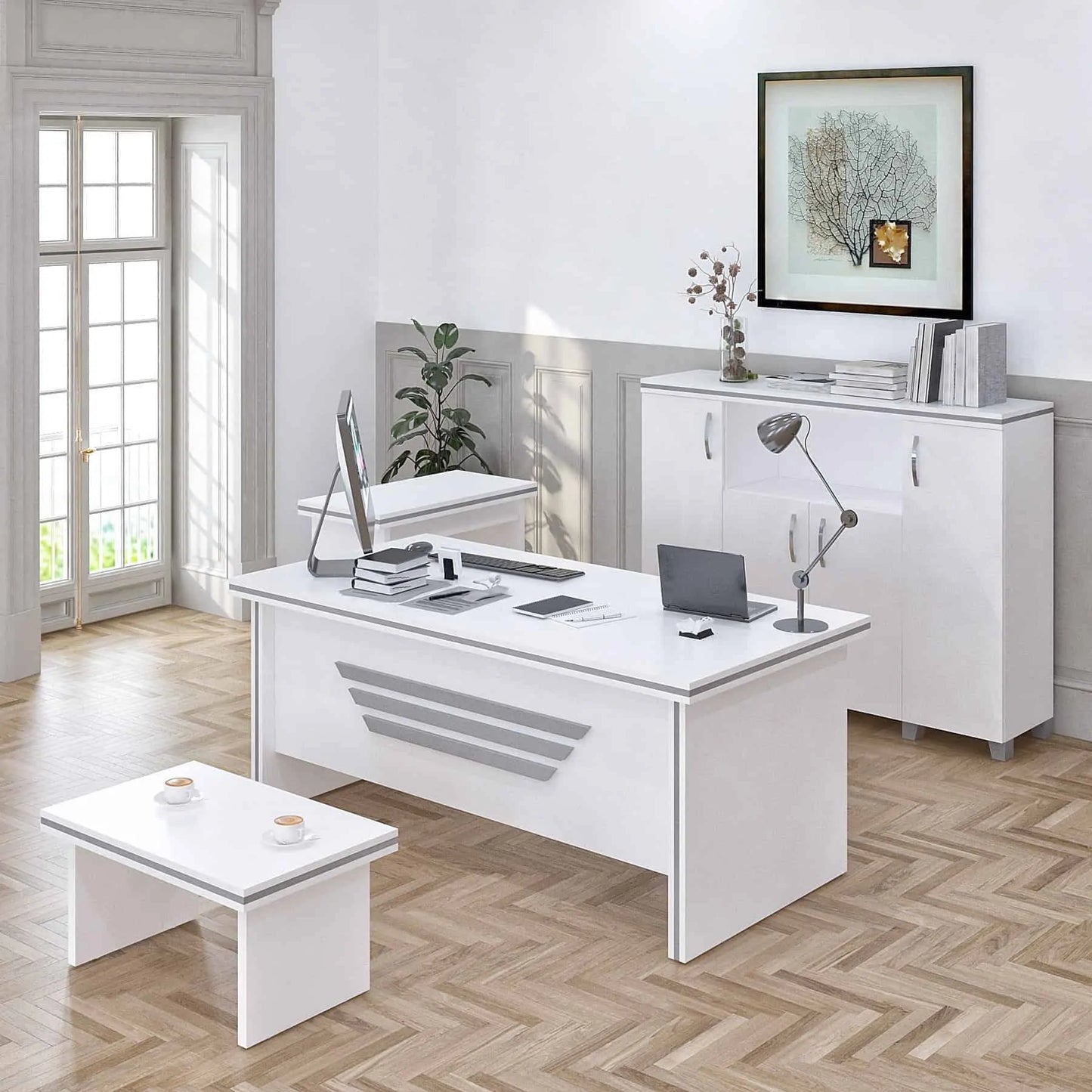 Casa Mare NEWSTAR 71″ Modern Home & Office Furniture Desk White & Metallic Gray - NEWSTAR-71W-S