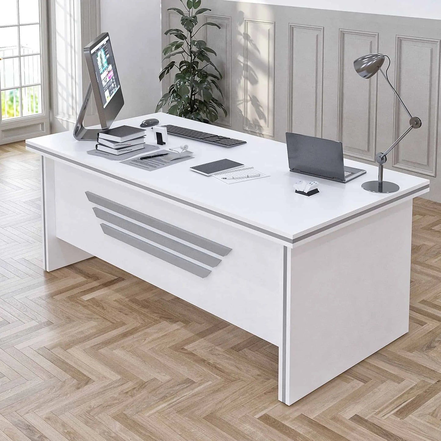 Casa Mare NEWSTAR 71″ Modern Home & Office Furniture Desk White & Metallic Gray - NEWSTAR-71W-S