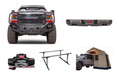 2023 GMC Sierra 2500HD Overland Adventure Kit - Fab Fours + Warn Winch + Truxedo Rack + ARB Rooftop Tent