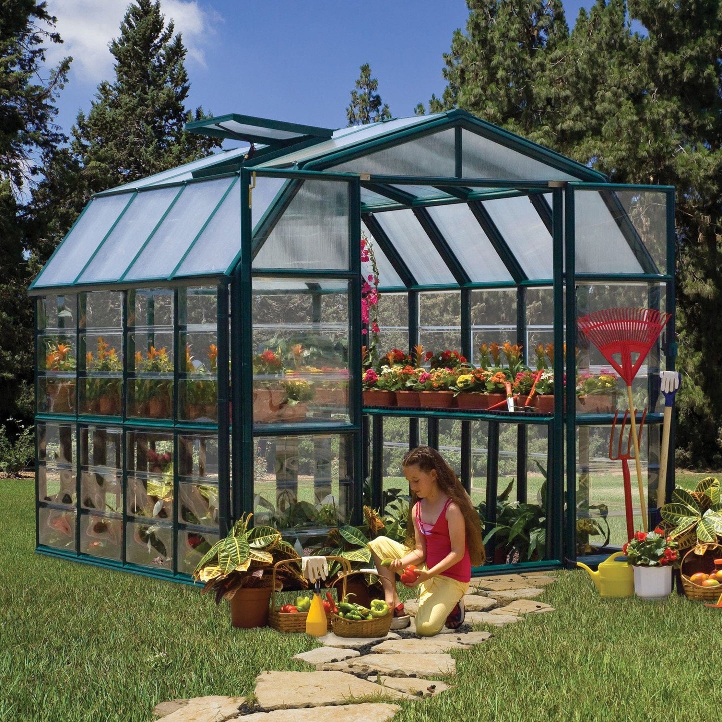 Palram - Canopia | Grand Gardener Greenhouse Kit - 8 Ft Wide - Green - 0.8mm Clear Polycarbonate Glazing - HG7208C