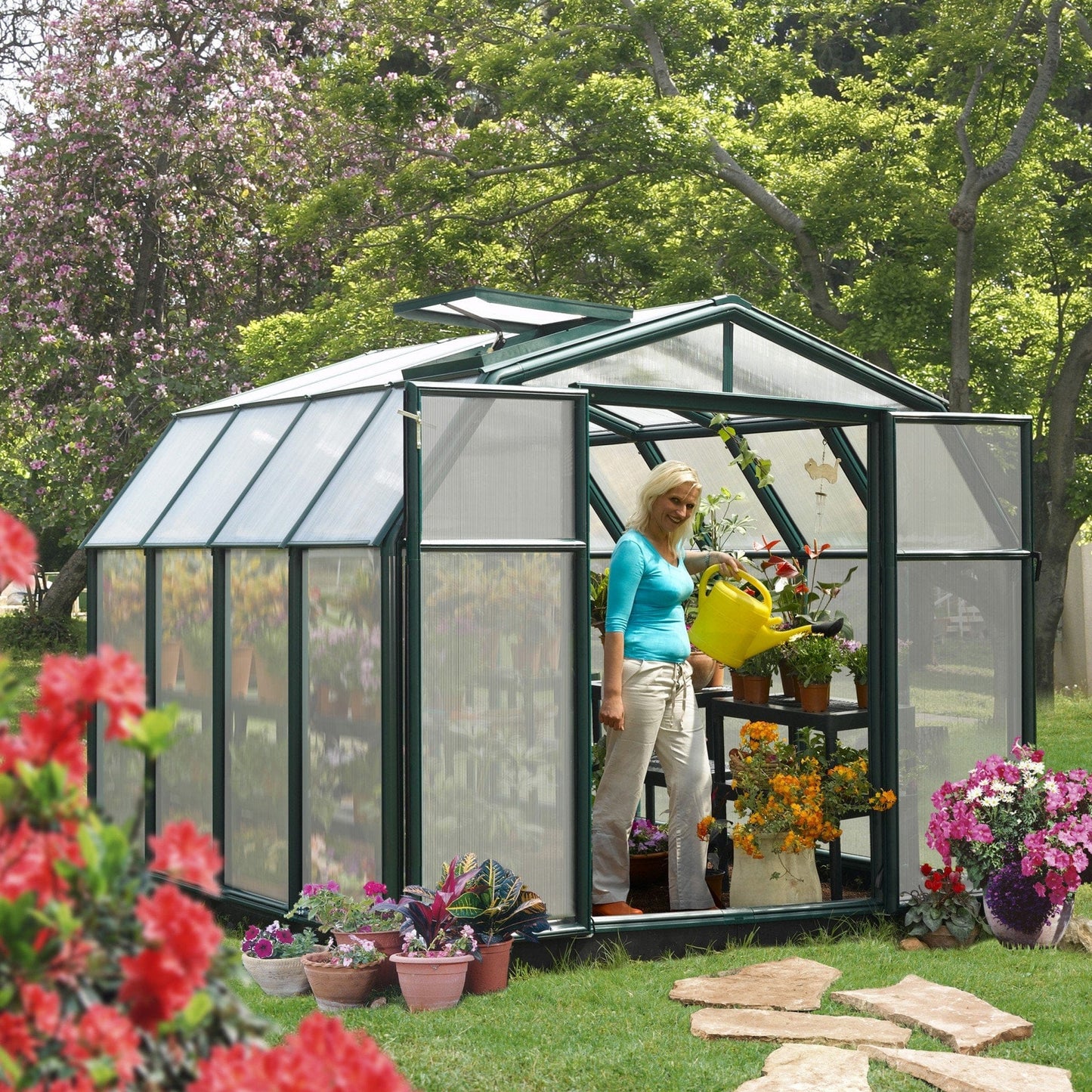 Palram - Canopia | Hobby Gardener Greenhouse Kit - 8 Ft Wide - Green With 6mm Twin-wall Polycarbonate Glazing - HG7108