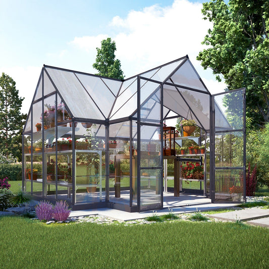 Palram - Canopia | 12x10 Ft Chalet Greenhouse Kit - Gray With 0.8mm Polycarbonate Glazing - HG5400