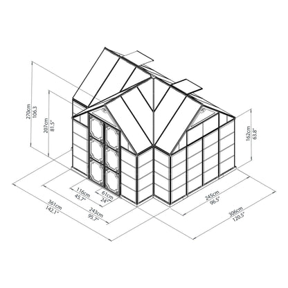 Palram - Canopia | 12x10 Ft Chalet Greenhouse Kit - Gray With 0.8mm Polycarbonate Glazing - HG5400