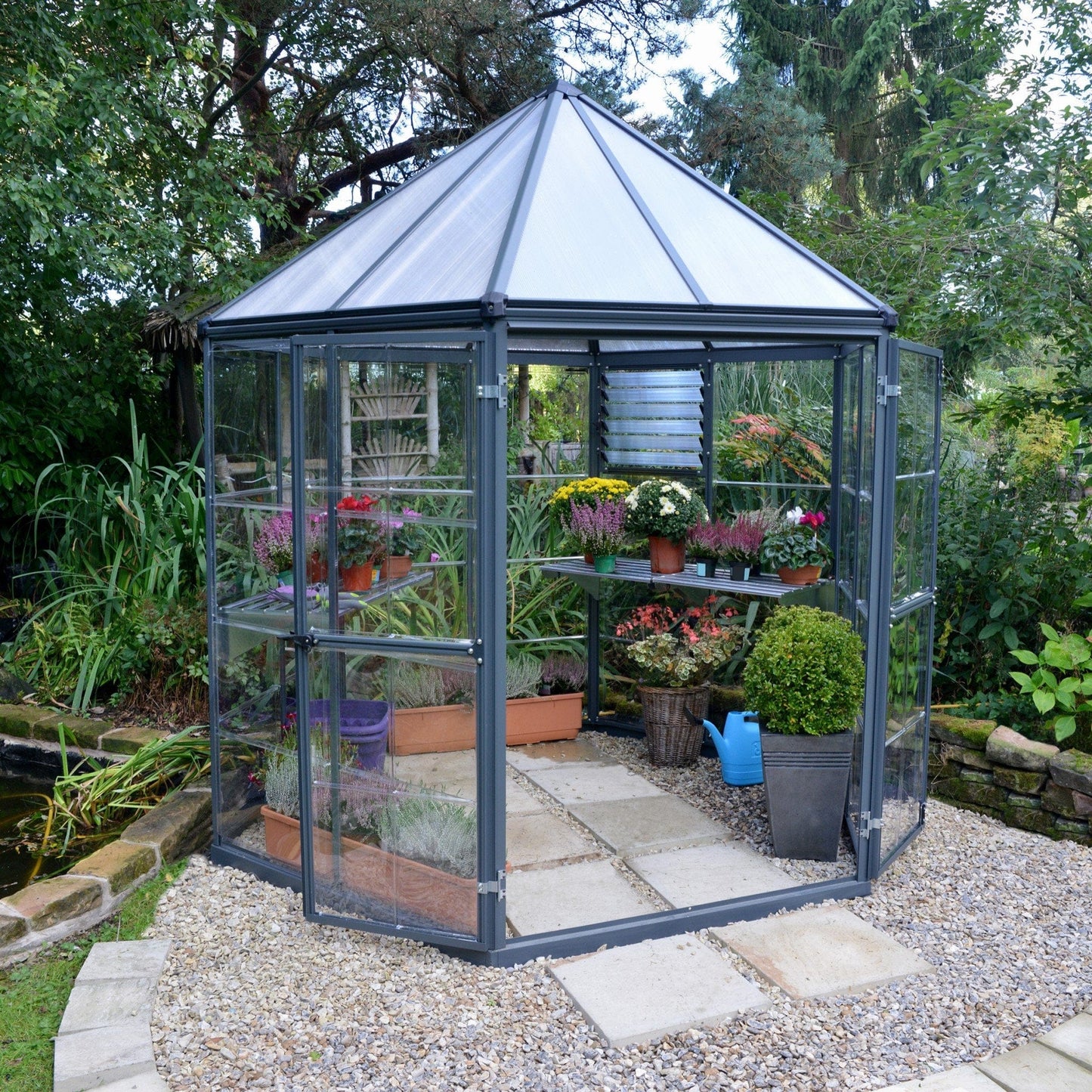 Palram - Canopia | 7x8 Ft Oasis Hex Greenhouse Kit - Gray With 0.8mm Polycarbonate Glazing - HG6000