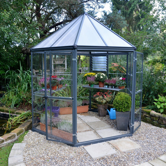 Palram - Canopia | 7x8 Ft Oasis Hex Greenhouse Kit - Gray With 0.8mm Polycarbonate Glazing - HG6000