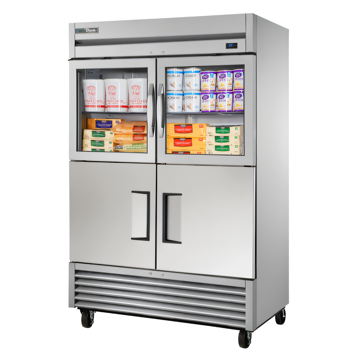 True Mfg True Two-Section Self-Contained Reach-In Refrigerator with 2 Glass and 2 Stainless Steel Half Doors - T-49-2-G-2-HC~FGD01